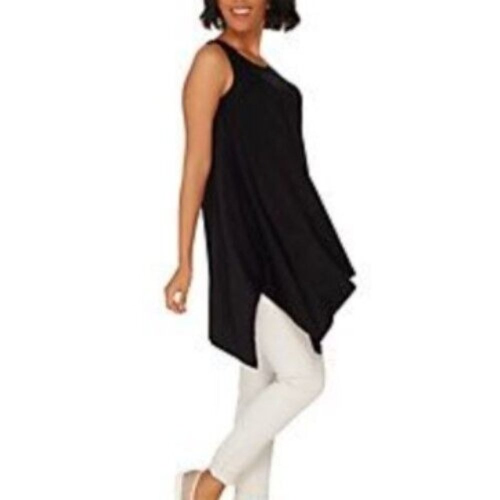 LOGO Lori Goldstein Knit Tank Top Sz XS Exaggerated Asymmetric Hem Black A305434